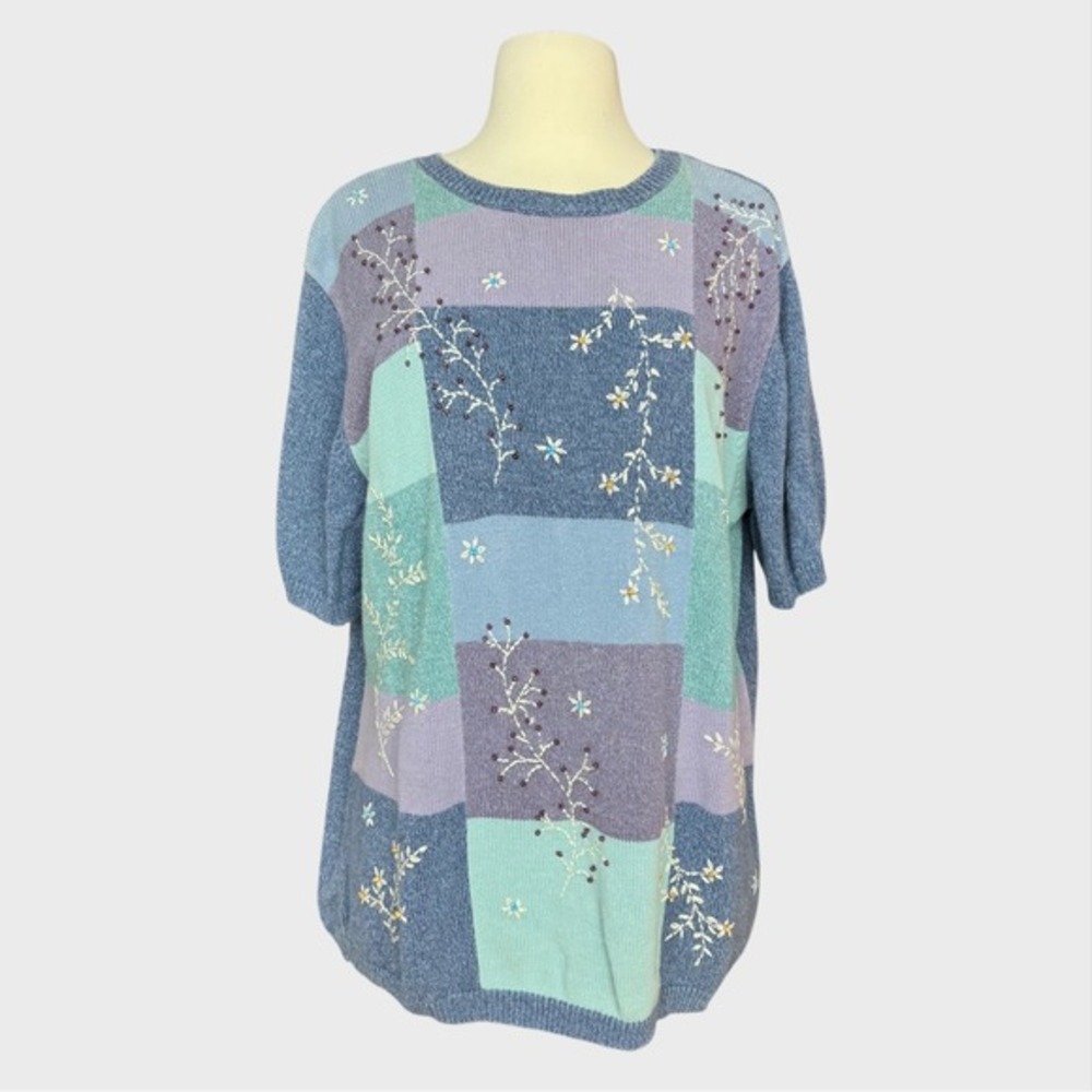 Vintage 90's Women's 1X Short Sleeve Knit Sweater Flower Embroidery Ramie Cotton
